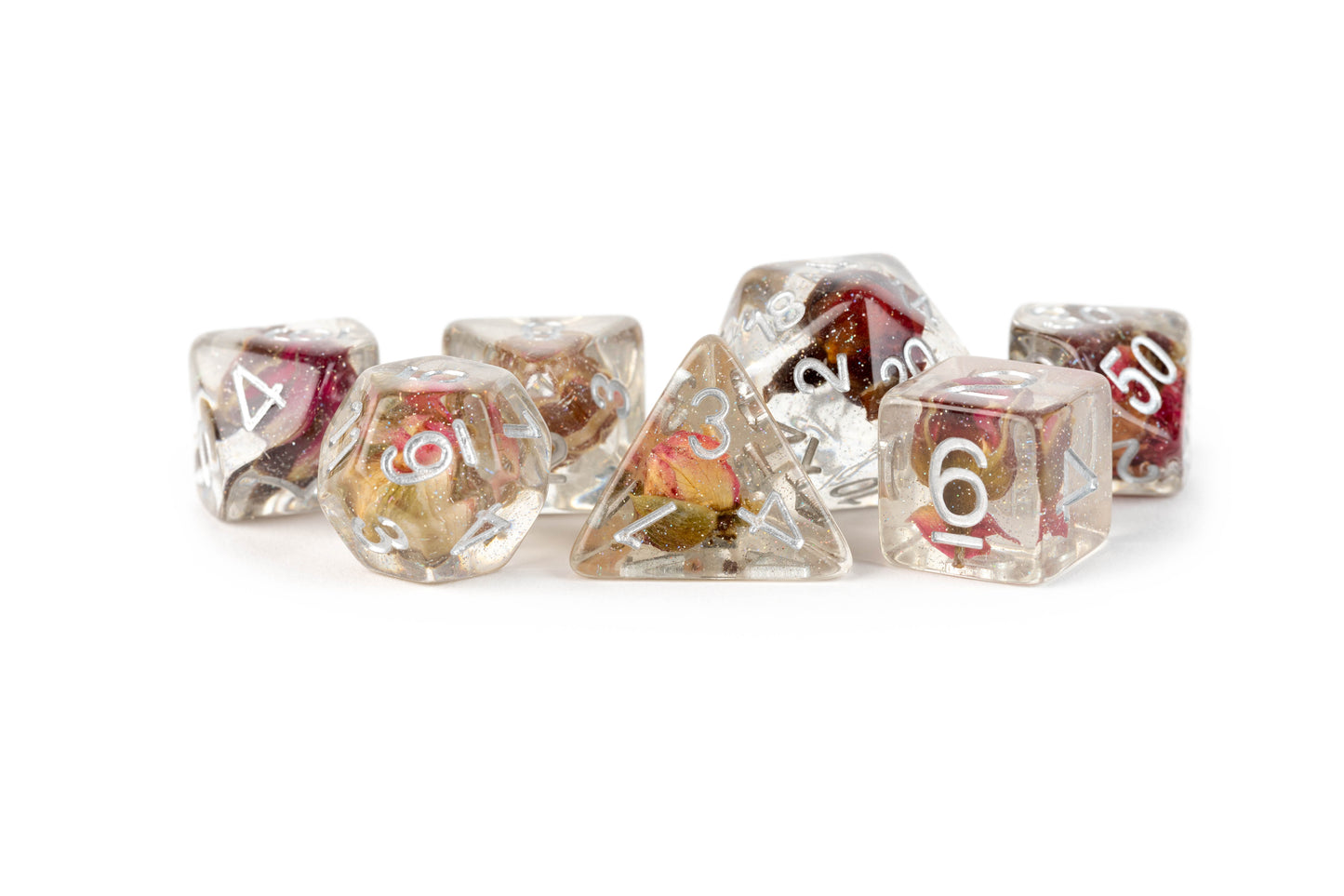 RESIN 7 DICE SET ROSE INCLUSION 16MM