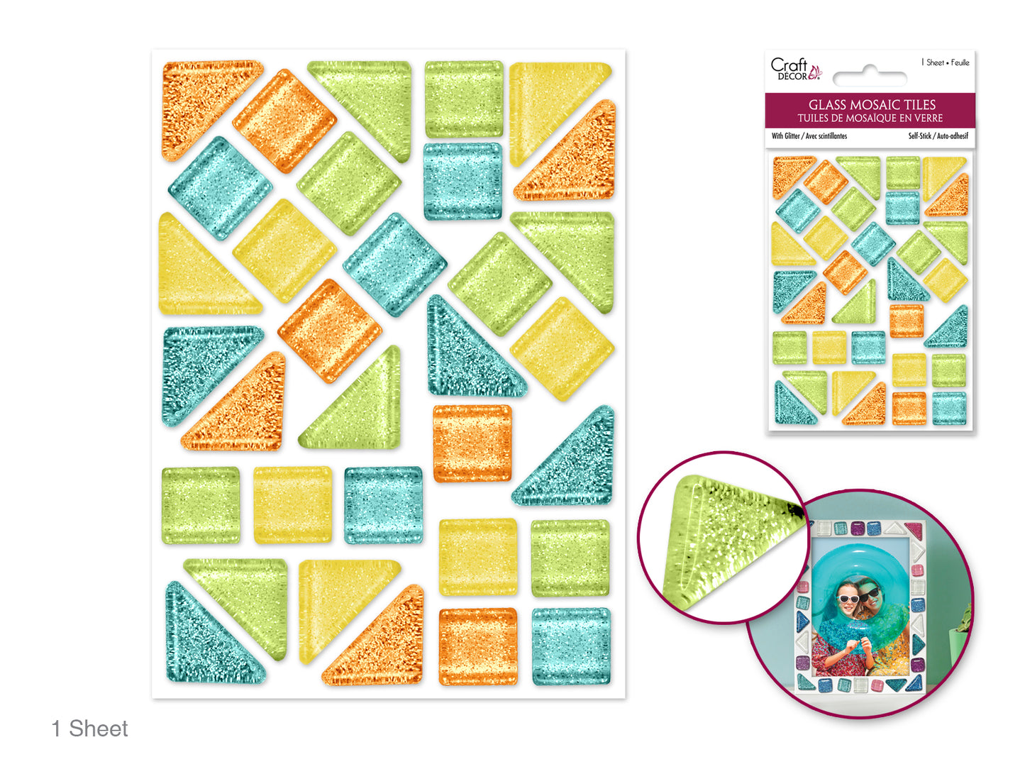 Craft Decor: Glitter Glass Mosaic Tiles 3.2x4.7" Self-Stick Tropical