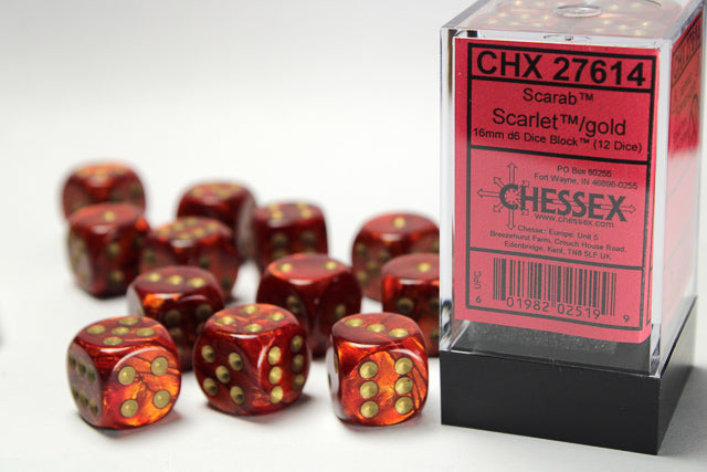 Chessex (27614): Scarab® 16mm d6 Scarlet™/gold Dice Block™ (12 dice)