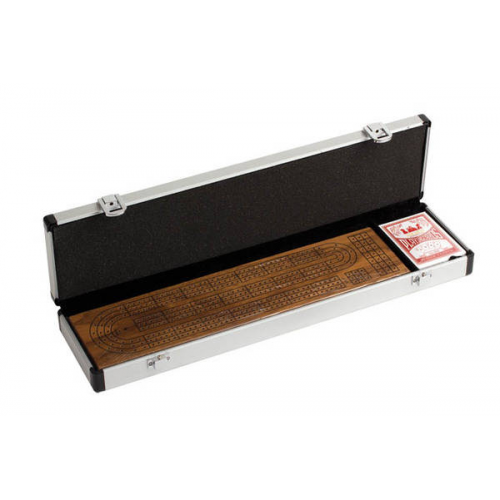CRIBBAGE - BOARD (WALNUT) - 3 COLOR TRACK + CARDS ( in Aluminum Case )
