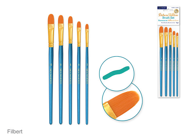 Artist Brush Set: Deluxe Taklon Brush Sets x5 Wood Handle B) Filbert