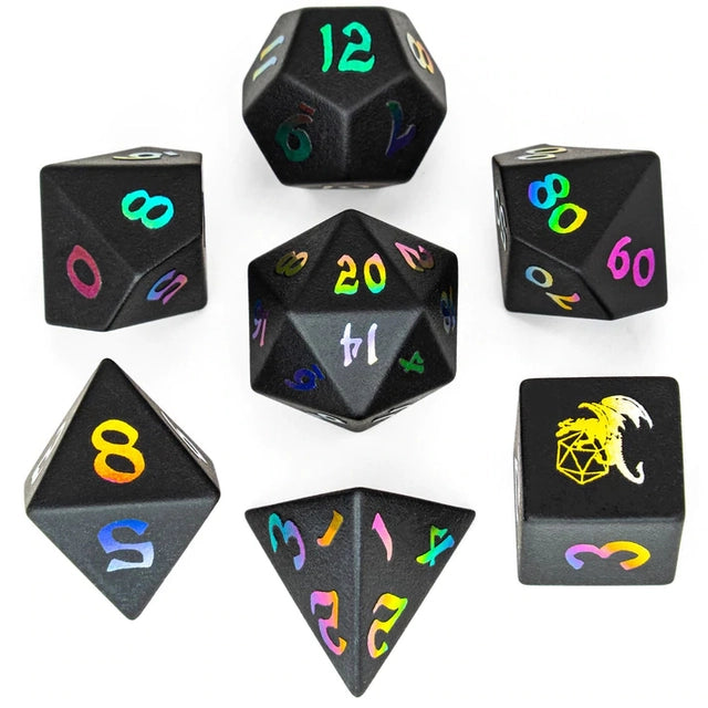 Obsidian with Rainbow Font 7pc Stone Dice