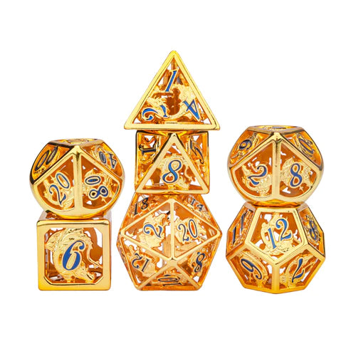 Hymgho Gold & Blue #'s Hollow 7pc Metal Dice D&D Dice