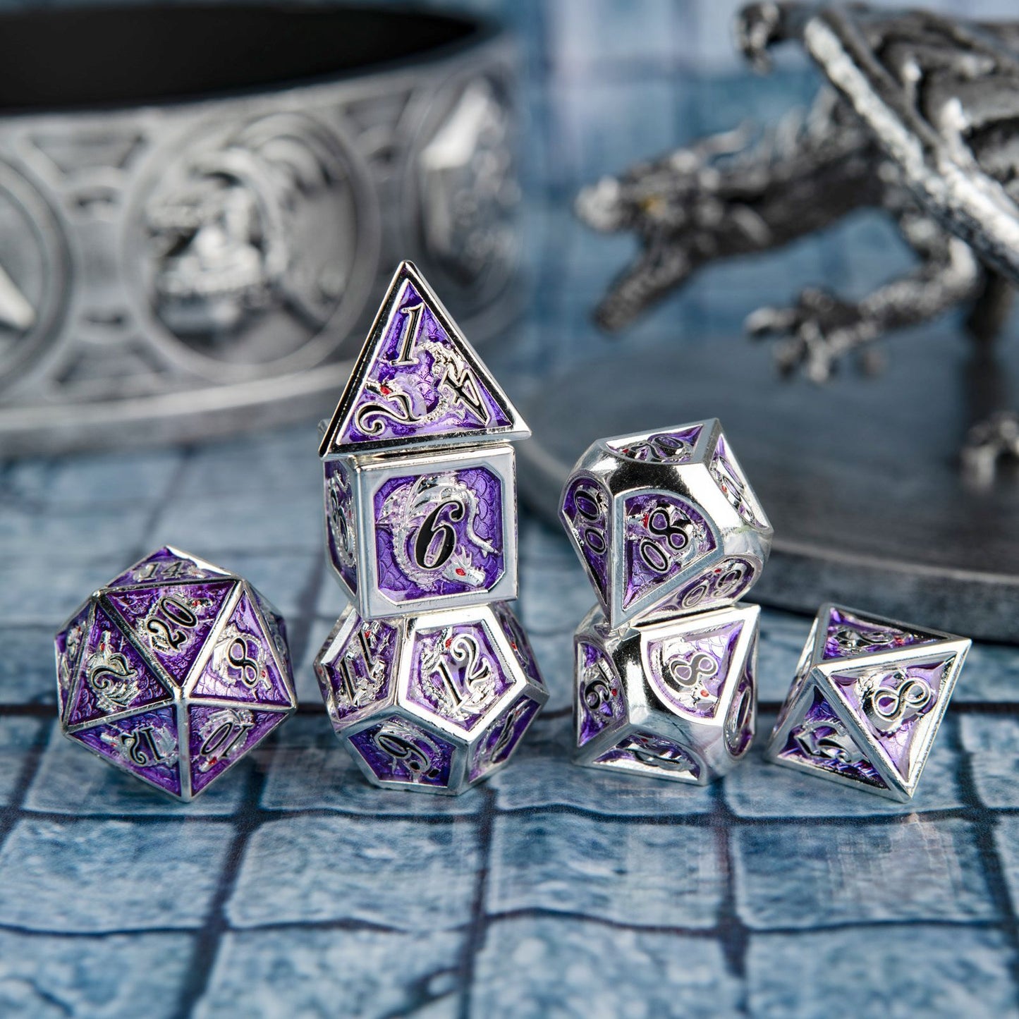 Silver Amethyst with Black font hand painting dragon Metal RPG dice set