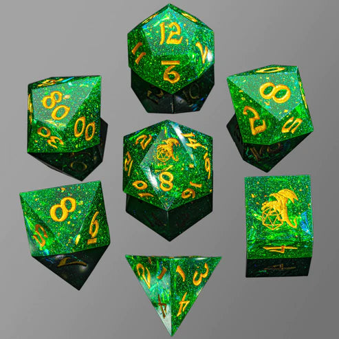 Captured Magic Hand Sanded Sharp Edge Resin-Emerald Green 7pc Resin Dice