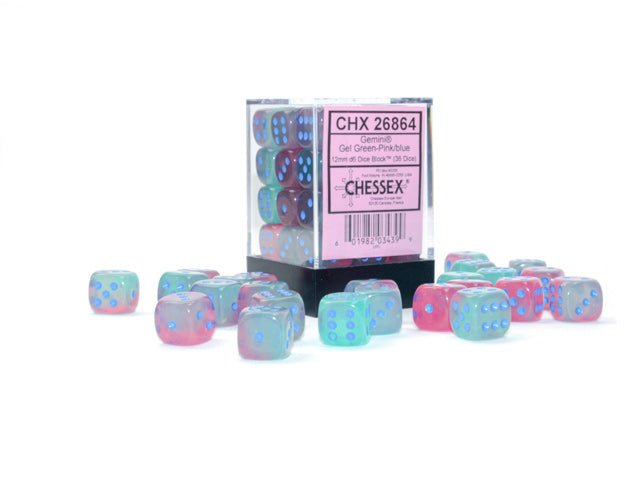 Chessex (26864): D6: 12mm: Gel Green-Pink/blue Luminary