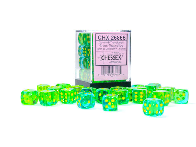 Chessex (26866): D6: 12mm: Translucent Green-Teal/yellow