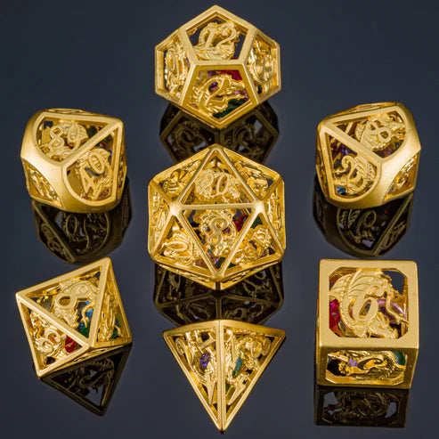 Hymgho Matt Gold Hollow Dragon Dice Set Filled with Gems