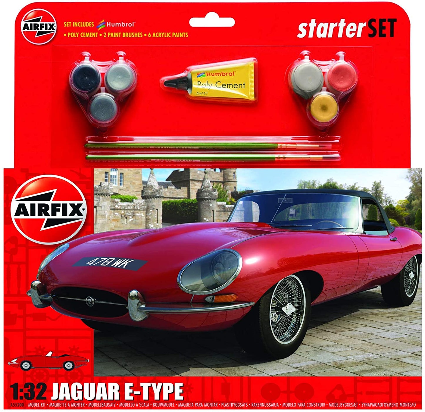 Airfix Car Models 1/32 Jaguar E Type Car Medium Starter Set w/Paint & Glue