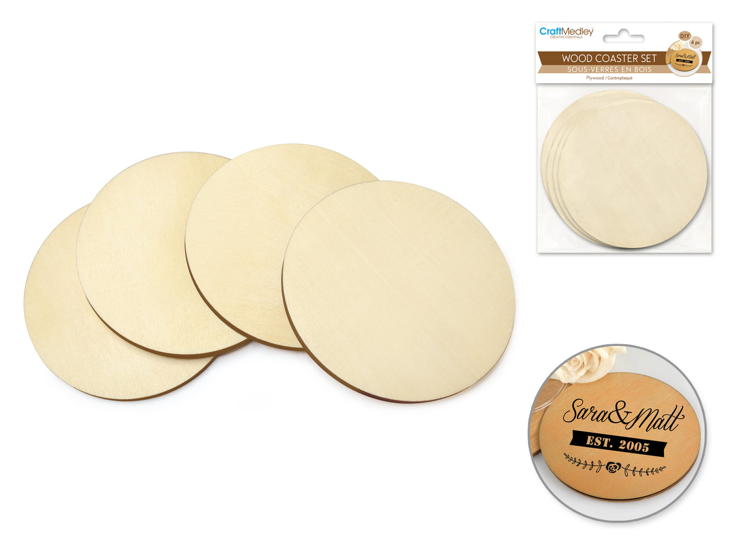 Craftwood: 9.5cm DIY Plywood Coasters 4pc 5mm(T)