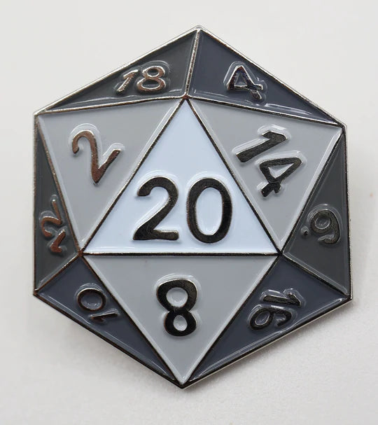 WHITE D20 ENAMEL PIN