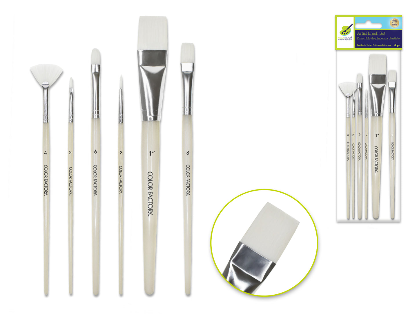 Artist Brush Set: White Synthetic Hair Variety Pack x6 Plastic Handle Multi-Set 2
