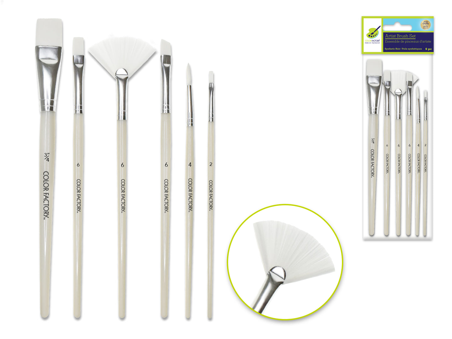Artist Brush Set: White Synthetic Hair Variety Pack x6 Plastic Handle