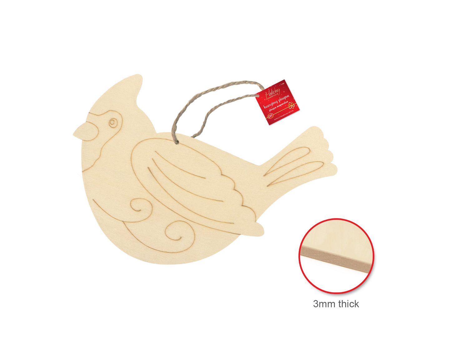 Holiday Wood: DIY 17.5cm Hanger Plaque w/Jute Cord Laser Etch Design C) Cardinal