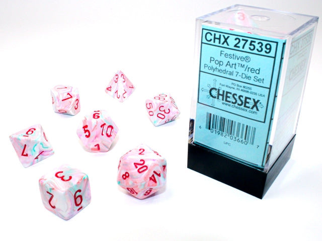 Chessex (27539): Polyhedral 7-Die Set: Festive: Pop Art/Red