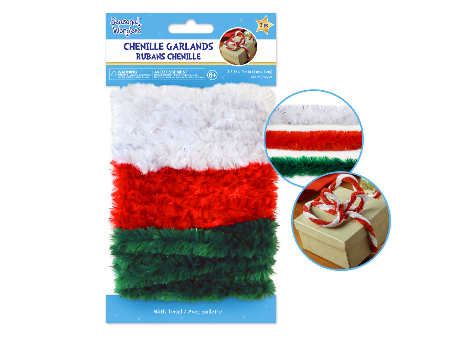 Seasonal Wonders: 1.5cm Chenille Garland 3m (1m ea.col) w/Tinsel