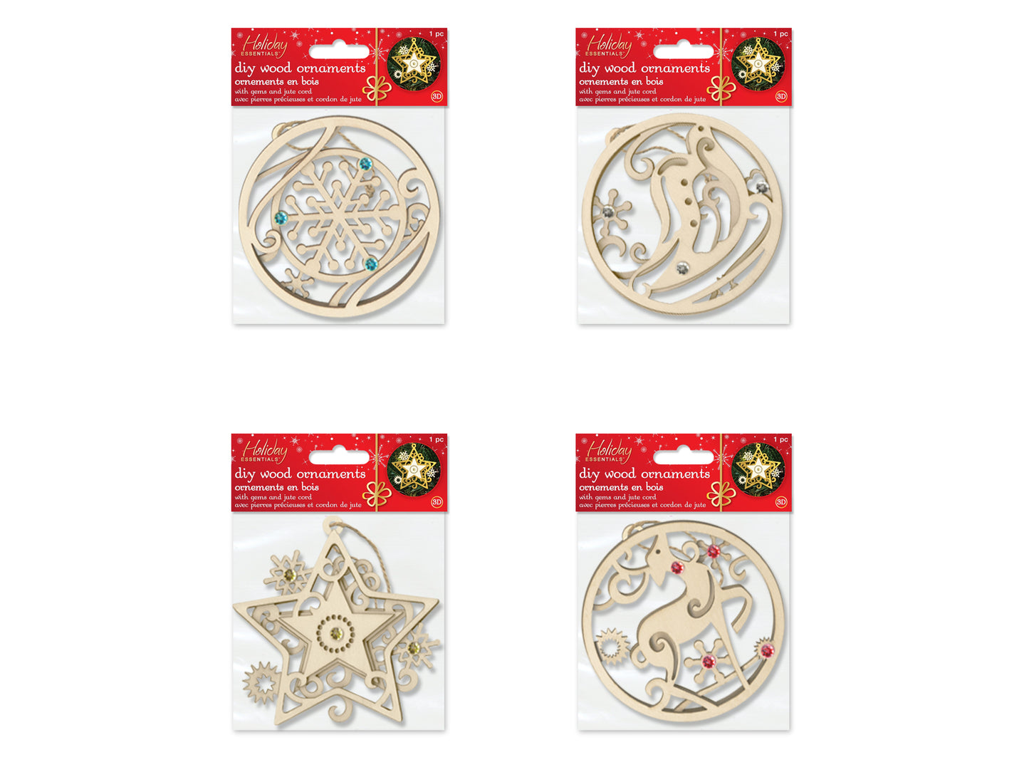 Holiday Wood: 3.75" 3D Gemmed Ornament w/Jute Cord Asst 9eax4styles A) Holiday Icons