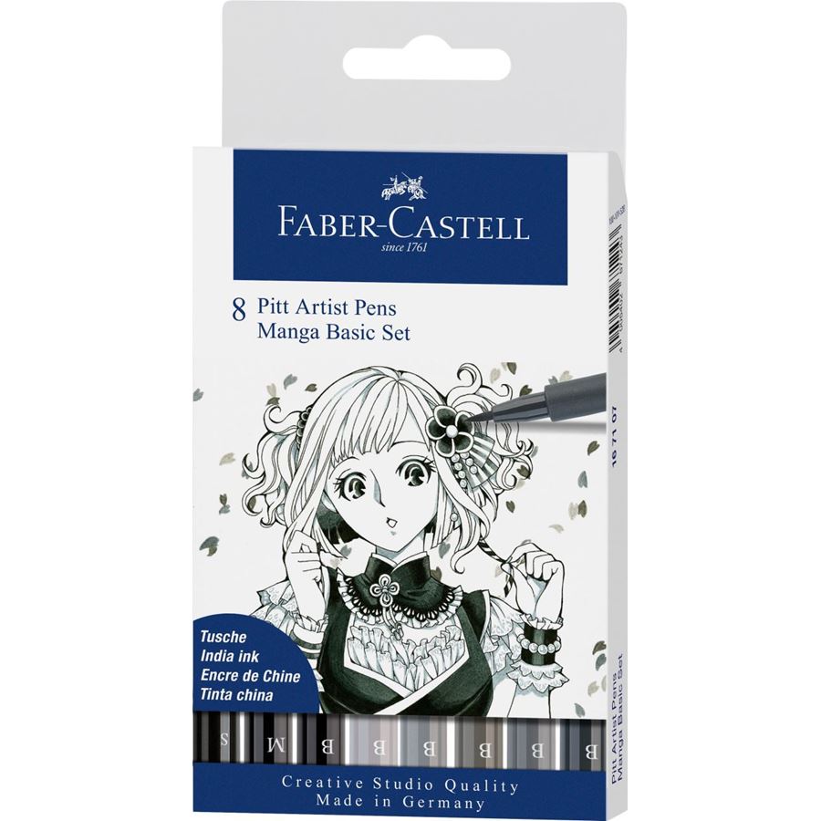 Pitt Artist Pen India ink pen, wallet of 8, Manga Basic set