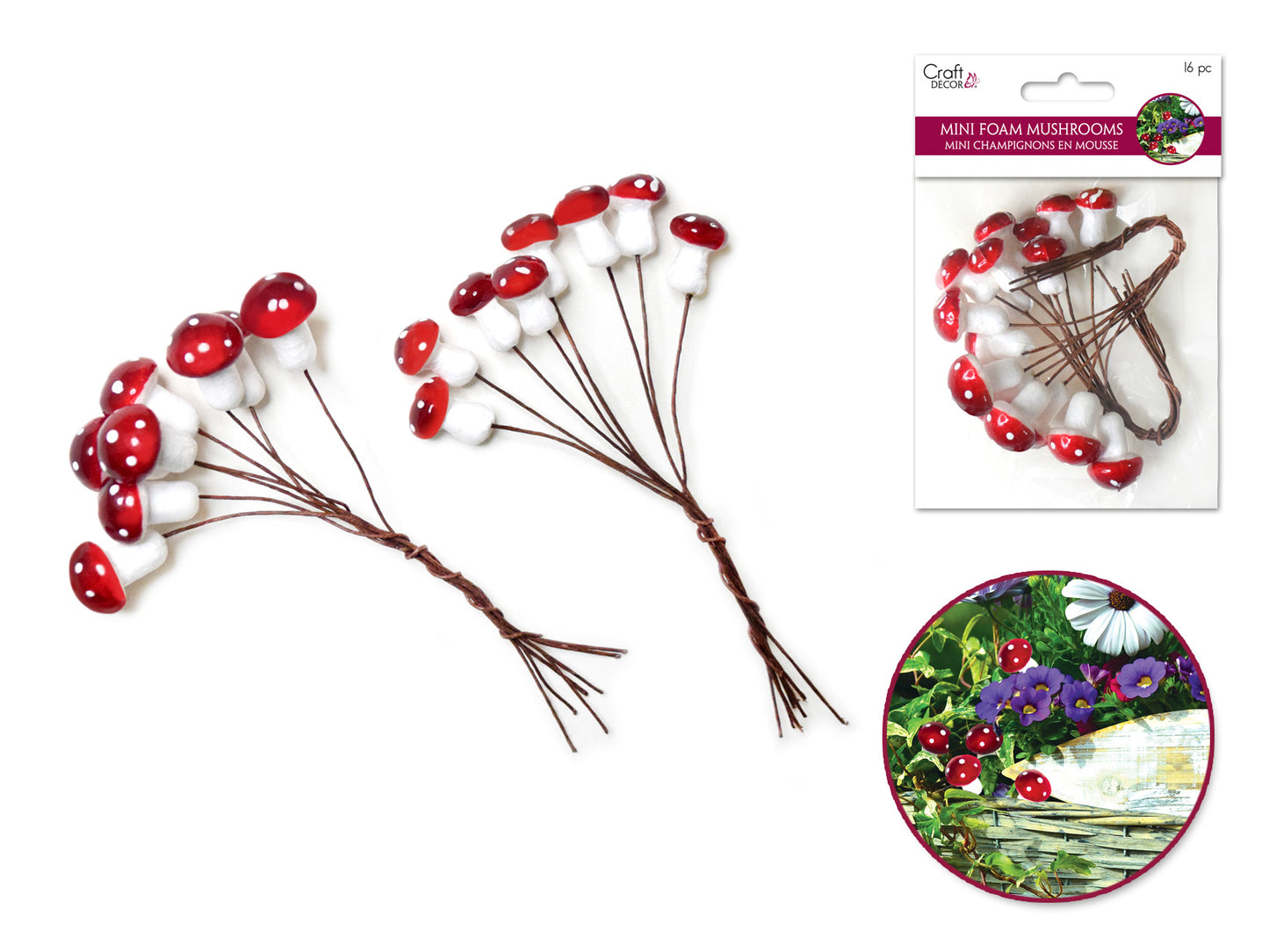 Craft Decor: Mini Foam Mushroom Picks 16pc (1cmx8/1.5cmx8)