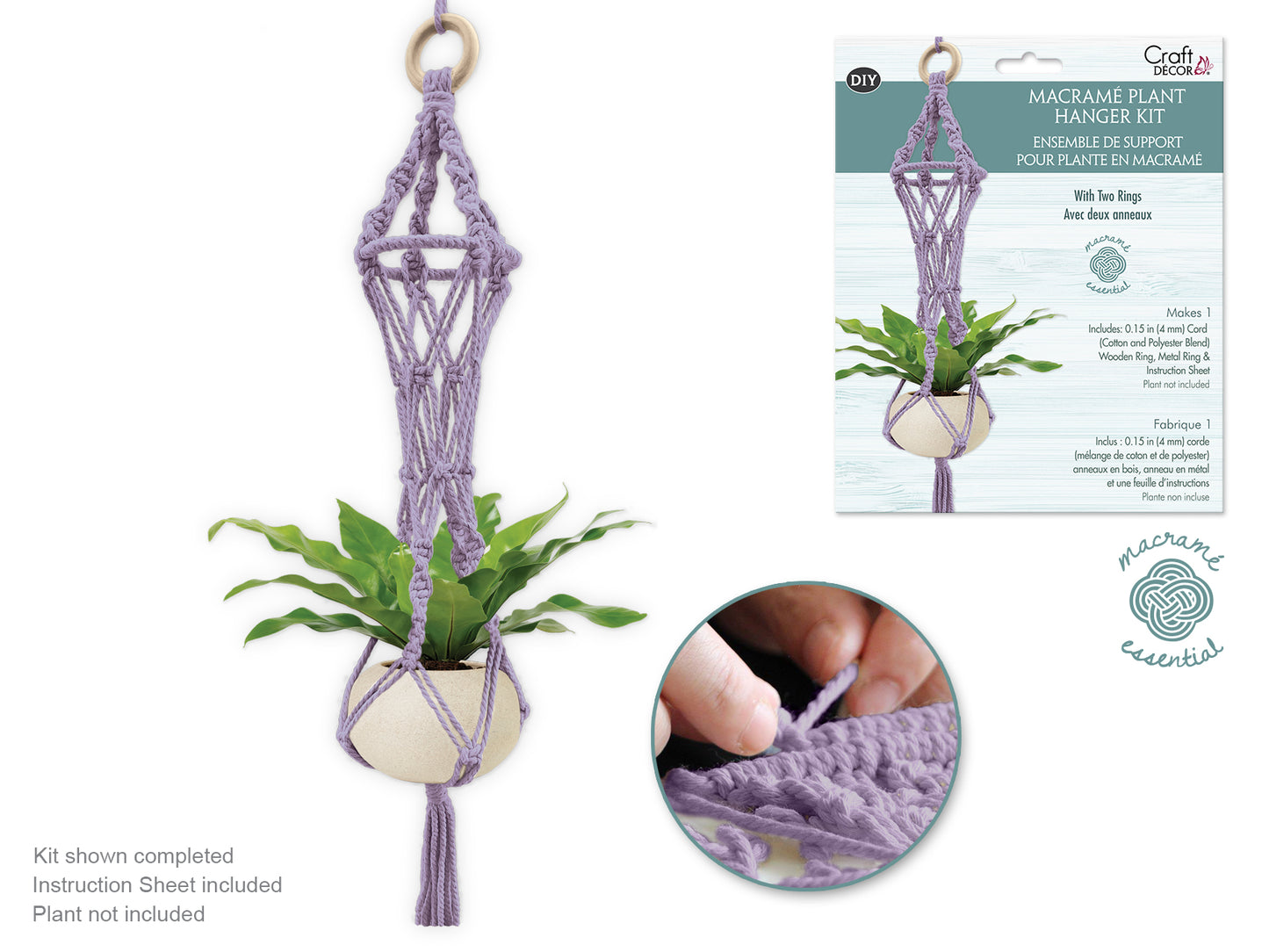 Craft Decor: DIY Macramé Planter Hanger Kit w/Wood Dowel - Mauve