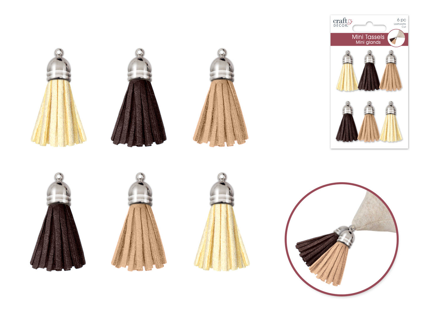 Craft Decor: 2.5cm Leatherette Tassels 6pc Asst  Au Naturel