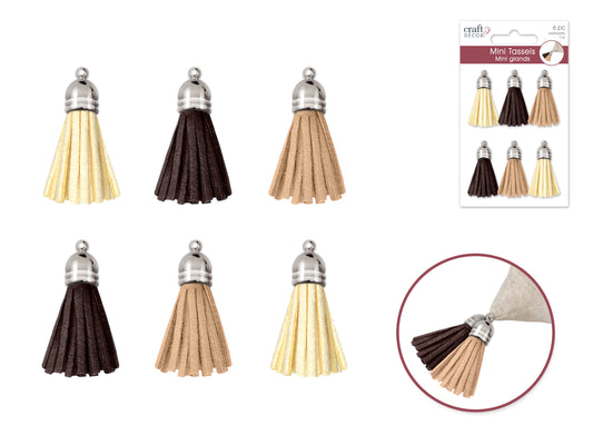 Craft Decor: 2.5cm Leatherette Tassels 6pc Asst  Au Naturel