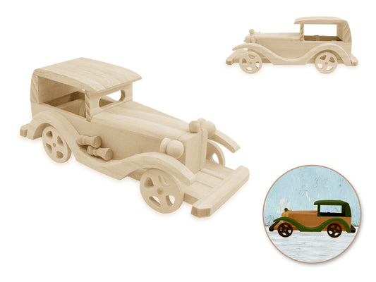 Wood Craft: 7.4x2.8" DIY Solid Wood Vehicle w/Wheels  Vintage Car