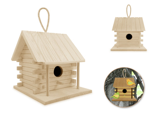Wood Craft: 5.1"x5.3"x5.4" DIY Log Cabin Birdhouse w/Jute Hanger