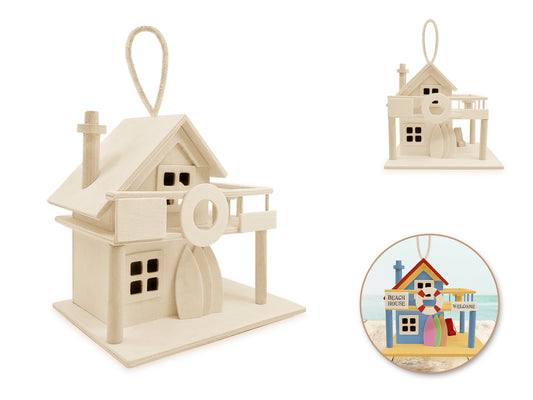 Wood Craft: 6.3"x4.5"x5.8" DIY 2-Story Beach House Birdhouse w/Jute Hanger