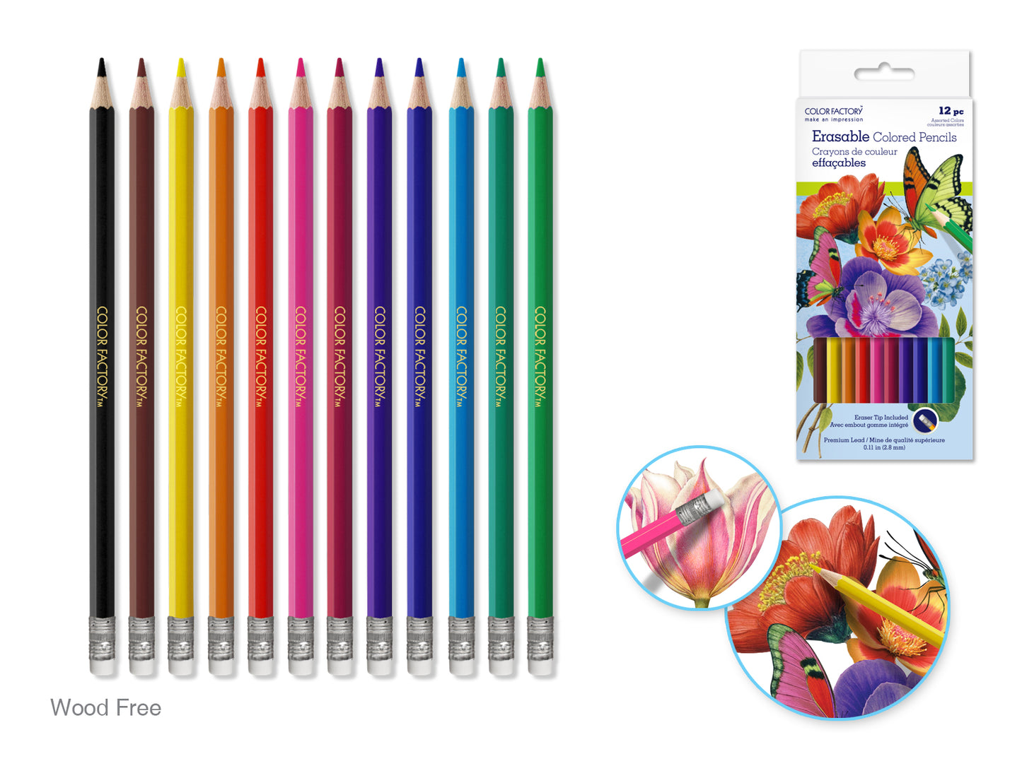 Color Factory Tool: Erasable Wood-Free Color Pencil 12ct 2.8mm Lead+Eraser