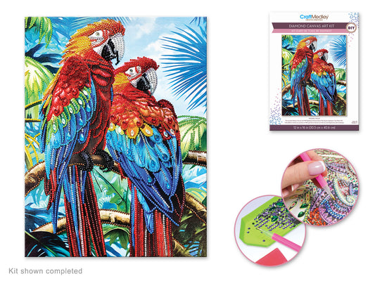 Craft Medley Kit: Diamond Painting Art Kit 12"x16" w/Gems+Tool+Tray Parrots