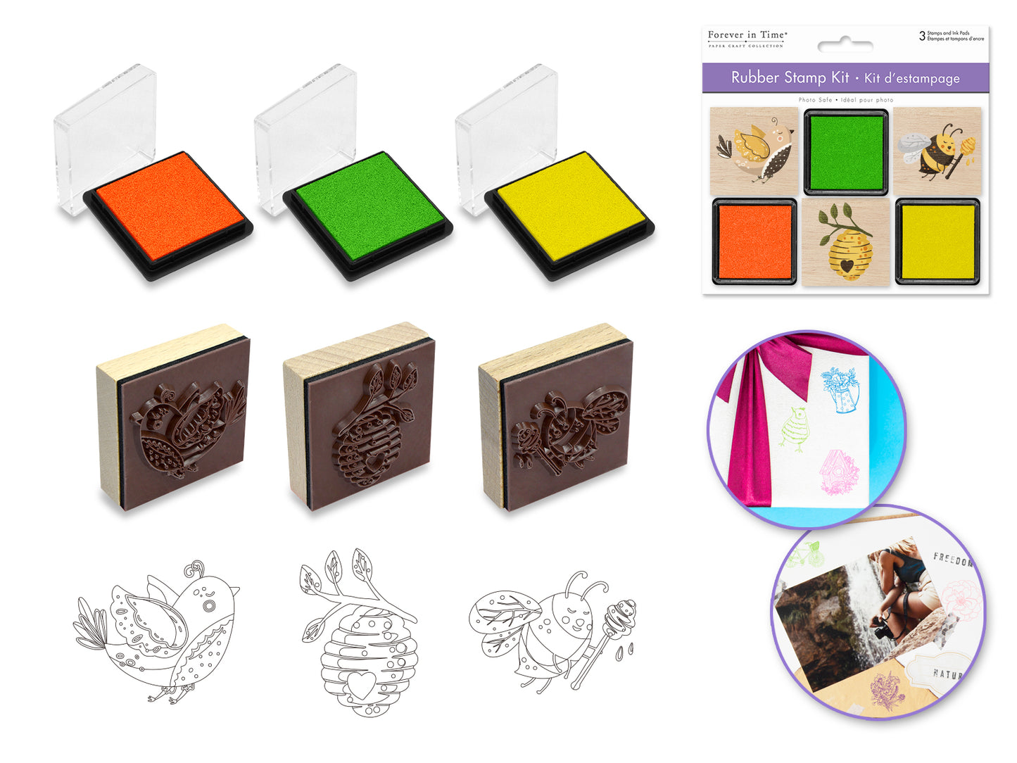 Wooden Rubber Stamp Kit: 3 Wood Stamps + 3 Ink Pads