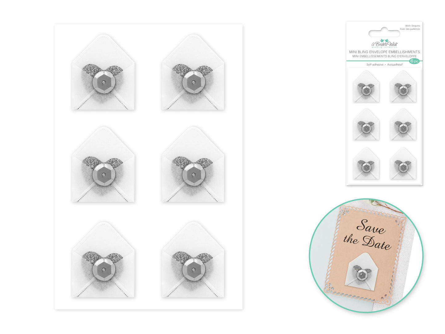 A Brides Wish: 0.9"x1.1" Mini Bling Vellum Envelope x6 Self-Stick