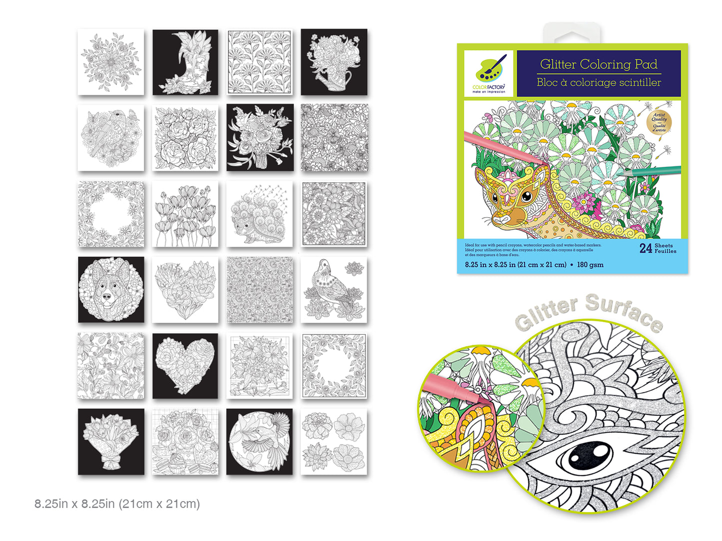 Color Factory: Glitter Coloring Pad 8.25"X8.25" 180Gsm 24Sht  Bouquet Brilliance
