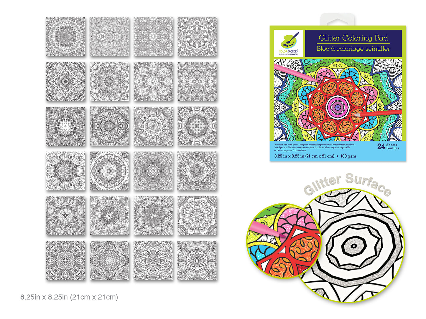 Color Factory: Glitter Coloring Pad 8.25"X8.25" 180Gsm 24Sht  Mandala Mania