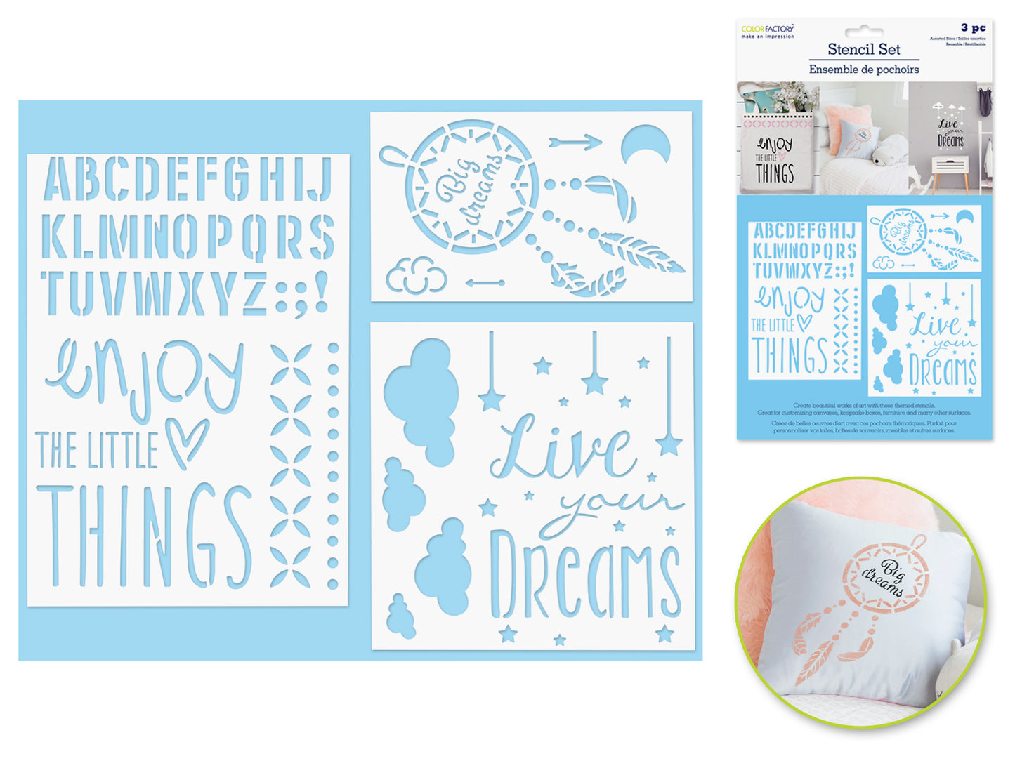 Color Factory: 3pk Multi-Media Stencil Set Asst Sizes  Big Dreams