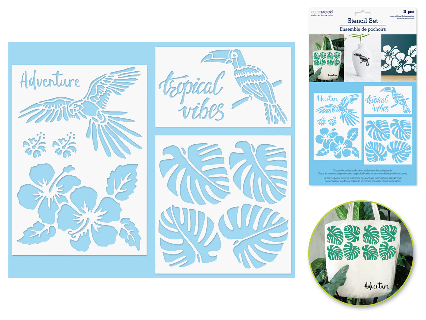 Color Factory: 3pk Multi-Media Stencil Set Asst Sizes  Tropical Vibes