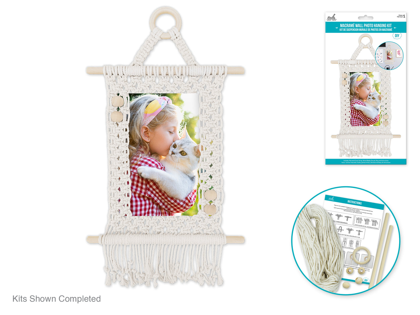 Needlecrafters: DIY Macramé Wall Photo Hanging Kit w/Wood Dowels A) Ecru