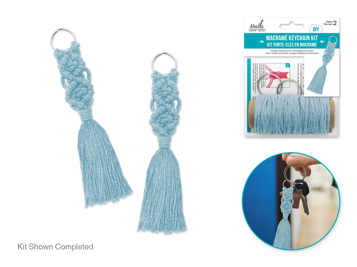 Needlecrafters: DIY Macramé Keychain Kit w/Key Ring~ Makes 2  Blue