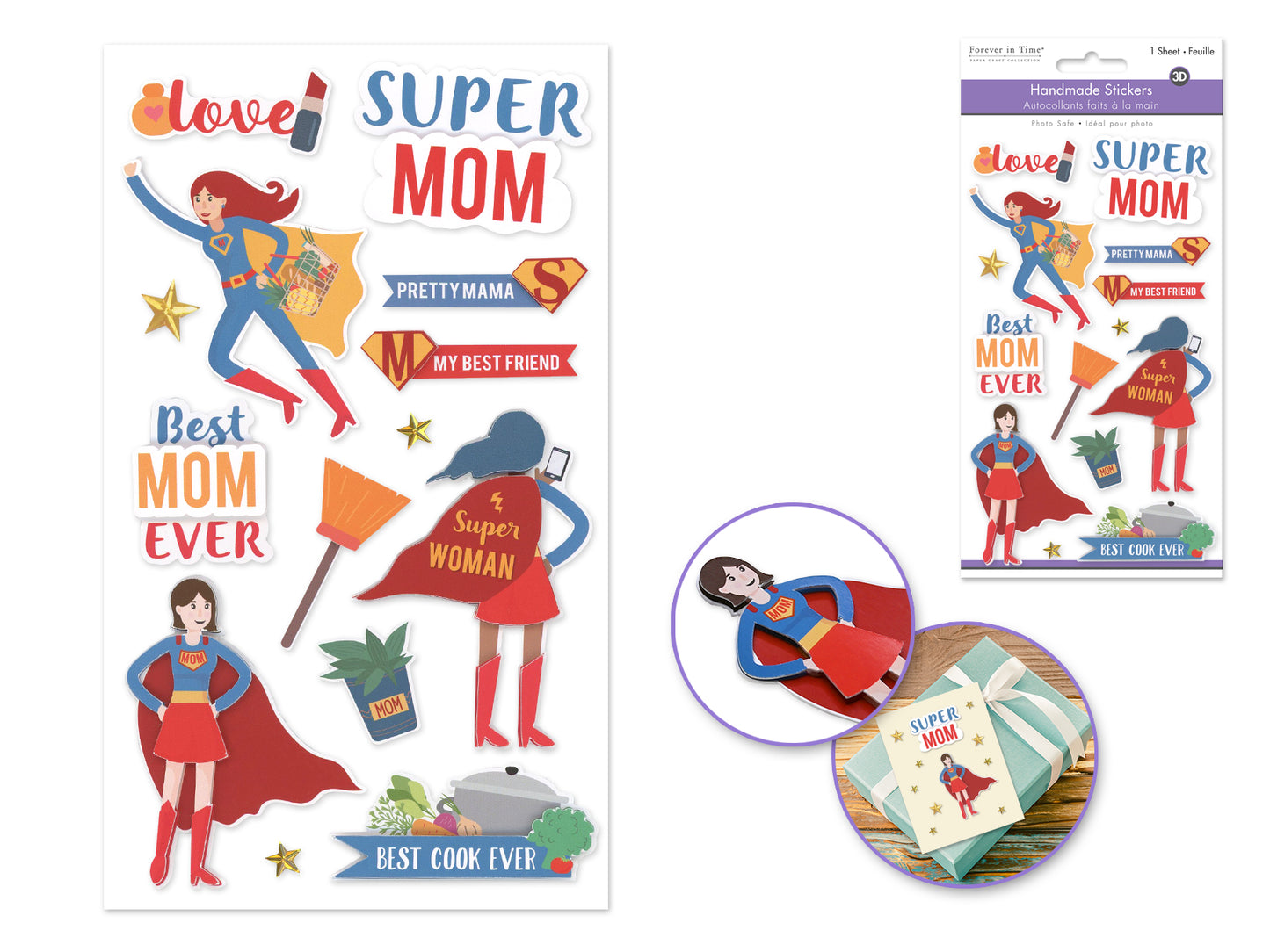 Handmade Sticker: 4.4"x7.5" 3D Themed Elements Super Mom