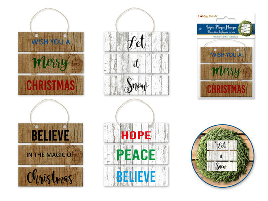 Holiday Emb: 3"x6.4" Triple Plaque Hanger Sign Board - Holiday Sentiments