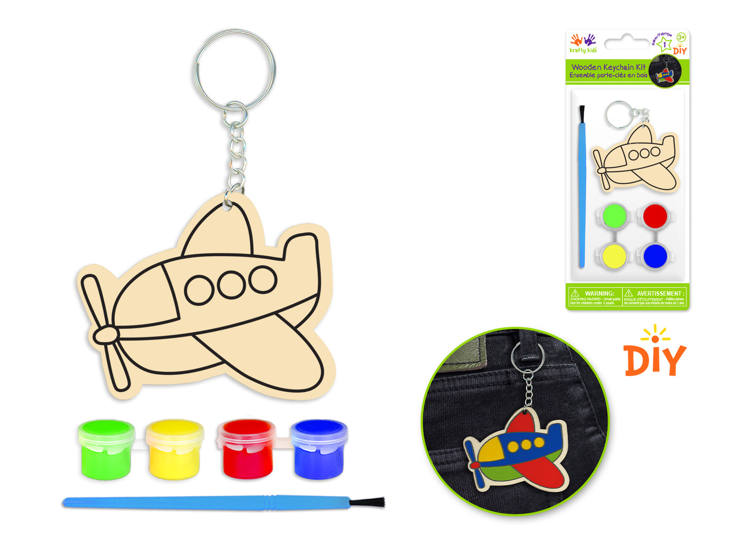 Krafty Kids Kit: DIY Wood Keychain Kit w/4 Paint Pots+Brush  Plane