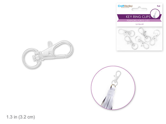 Jewelry Findings: 1.25" Key Ring Clip x5 w/Swivel Ring  Silver