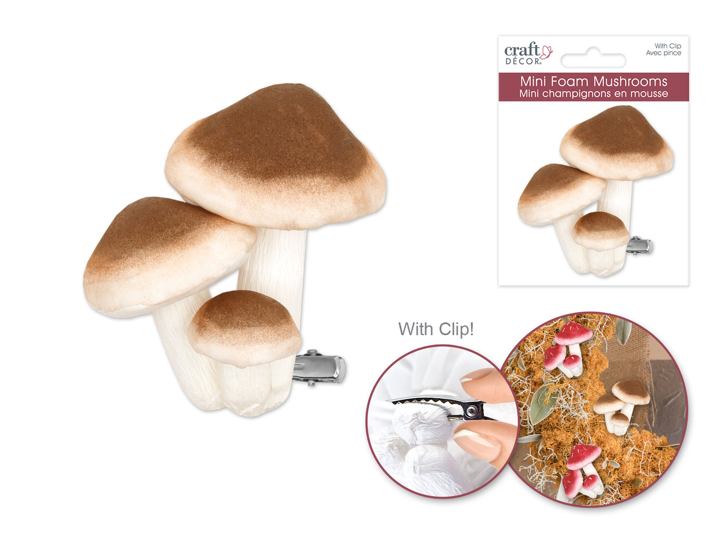 Craft Decor: Foam Mushrooms w/Clip 3pc Asst Size Brown