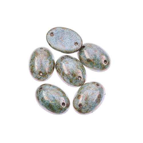 Czech Glass 2 Hole Cabochon 18x13mm Oval Opaque Marble Brown on Green 6pc