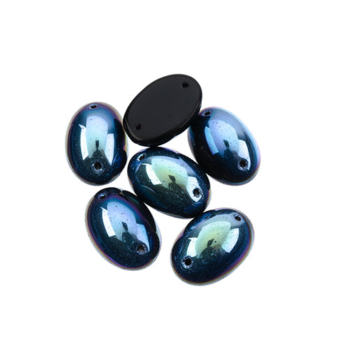 Czech Glass 2 Hole Cabochon 18x13mm Oval Opaque Jet AB 6pc