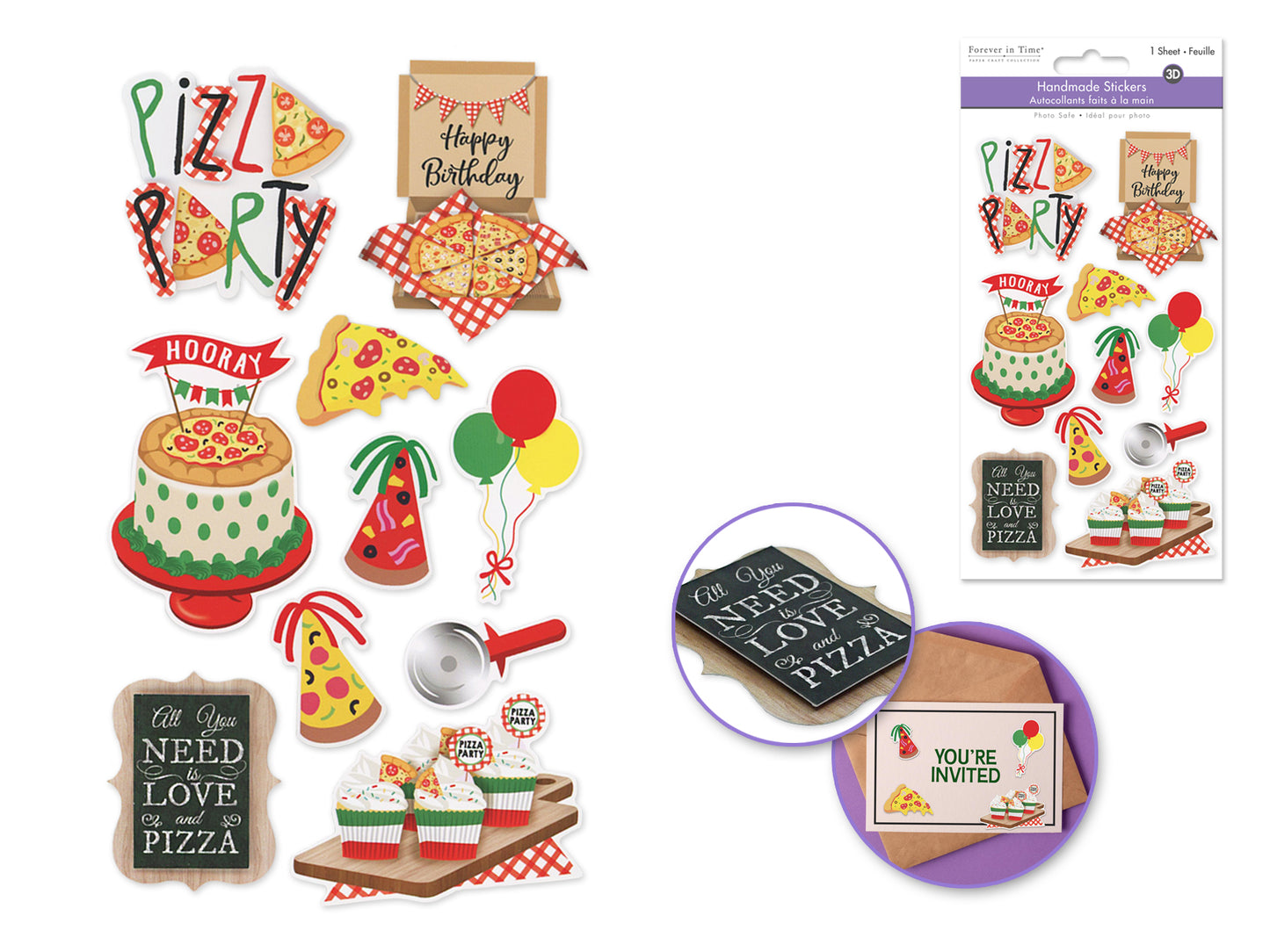 Handmade Sticker: 4.4"x7.5" 3D Themed Elements Pizza Party