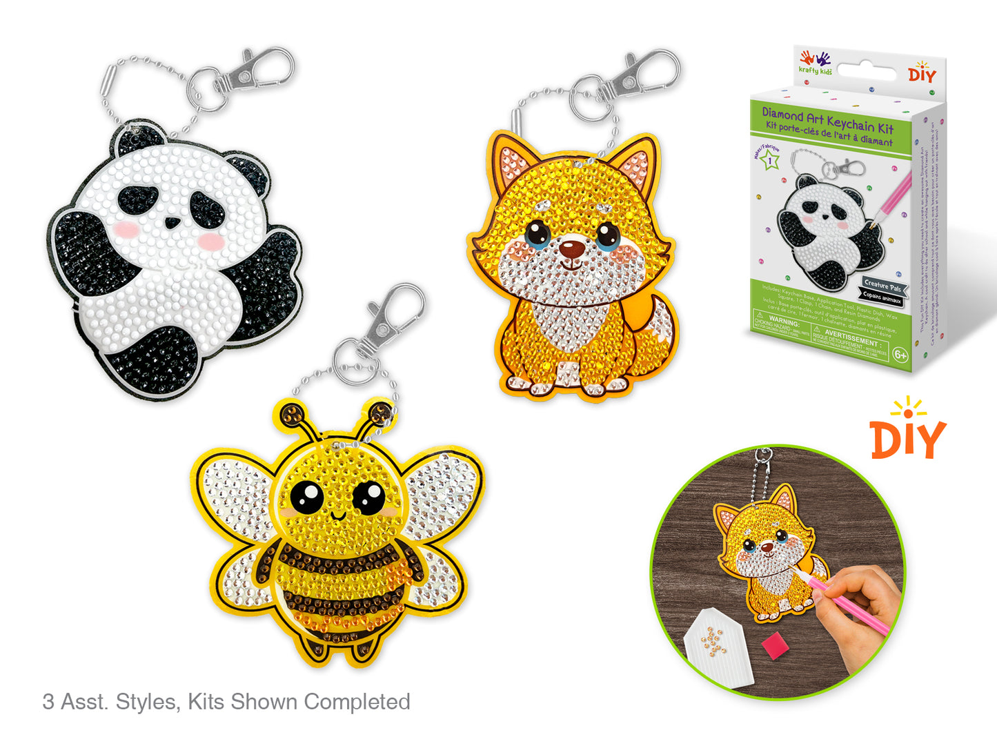Krafty Kids Kit: Diamond Painting DIY Keychain Kit Asst Creature Pals