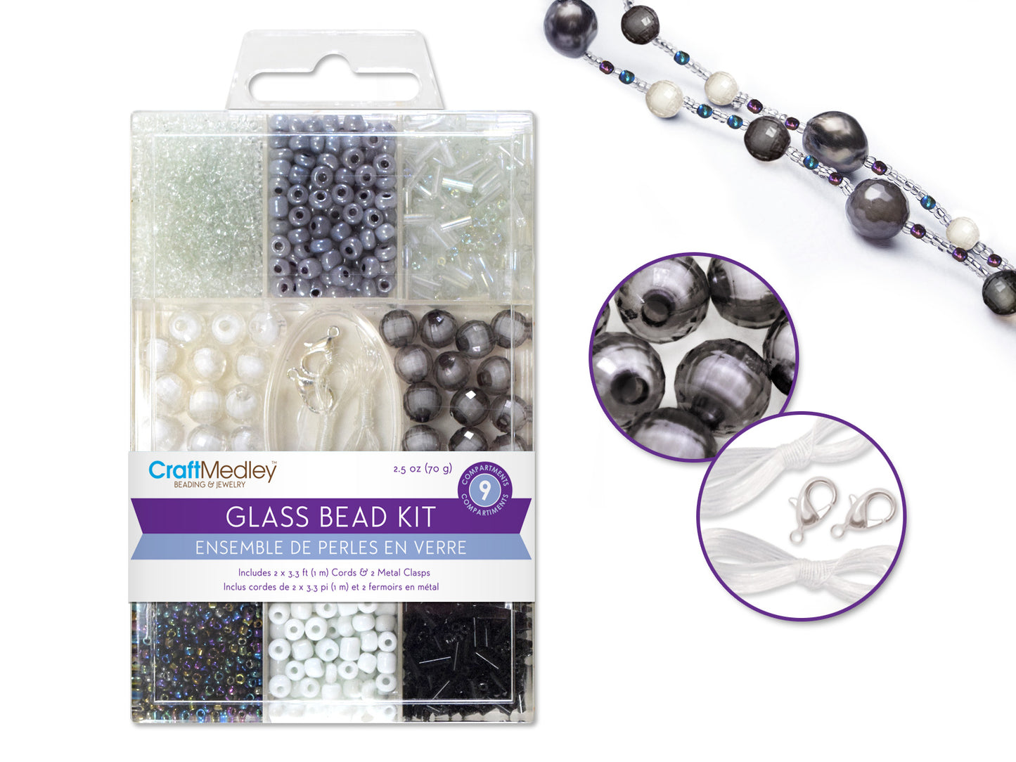 Glass Bead Kits: 9-Comp Multi-Pack w/Cord+Clasps 70g