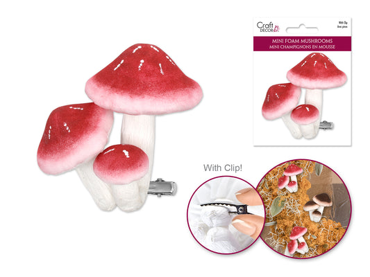 Craft Decor: Foam Mushrooms w/Clip 3pc Asst Size Red